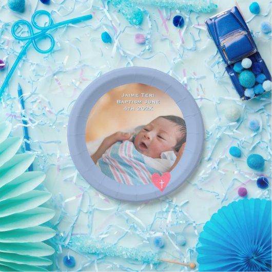 Photo Paper Plate Baptism Blue Shower Papieren Bordje (Feest)