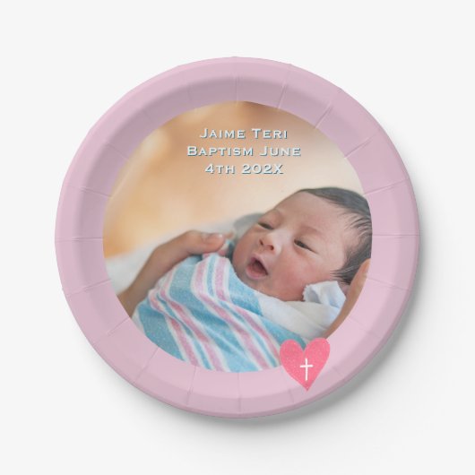 Photo Paper Plate Baptism Pink Shower Papieren Bordje (Voorkant)
