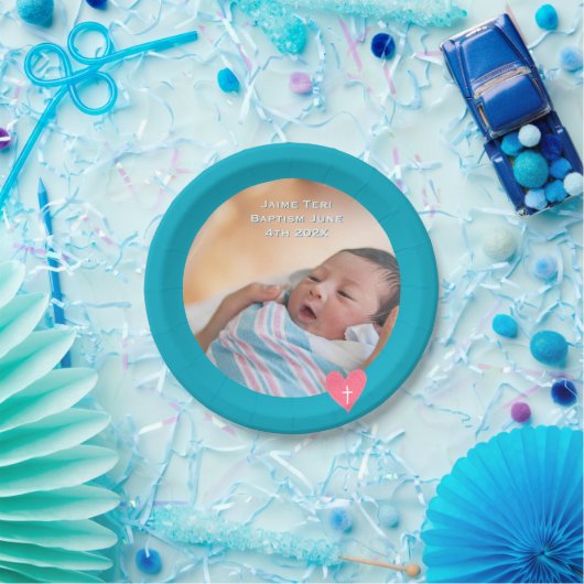 Photo Paper Plate Baptism Teal Blue Shower Papieren Bordje (Feest)