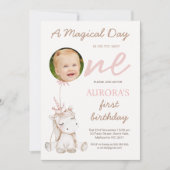 Photo Pink Balloon Girls Unicorn First Birthday Kaart (Voorkant)