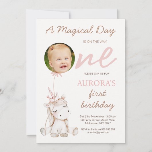 Photo Pink Balloon Girls Unicorn First Birthday Kaart (Voorkant)