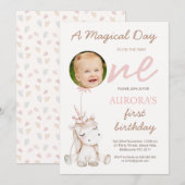 Photo Pink Balloon Girls Unicorn First Birthday Kaart (Voorkant / Achterkant)