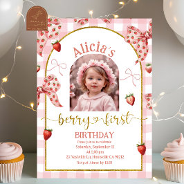 Photo Pink Bow Strawberry Berry Sweet 1st Birthday Kaart