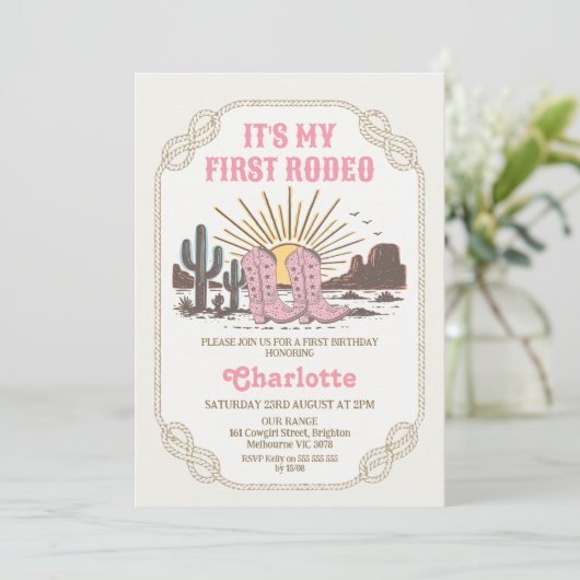 Photo Pink Cowgirl Its My First Rodeo 1st Birthday Kaart (Staand voorkant)
