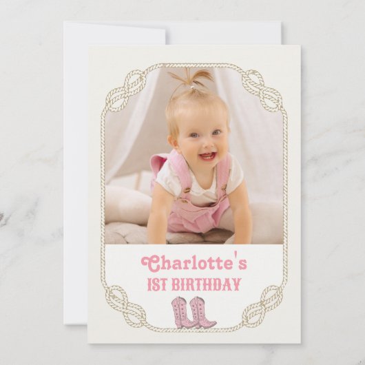 Photo Pink Cowgirl Its My First Rodeo 1st Birthday Kaart (Achterkant)