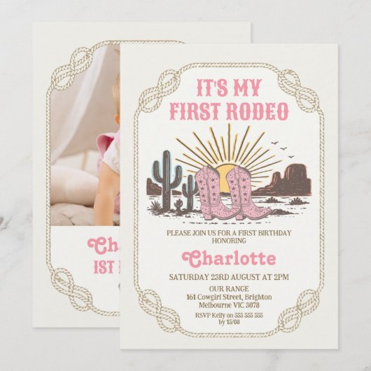 Photo Pink Cowgirl Its My First Rodeo 1st Birthday Kaart (Voorkant / Achterkant)