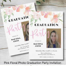 Photo Pink Floral Graduation Party Invitation Kaart