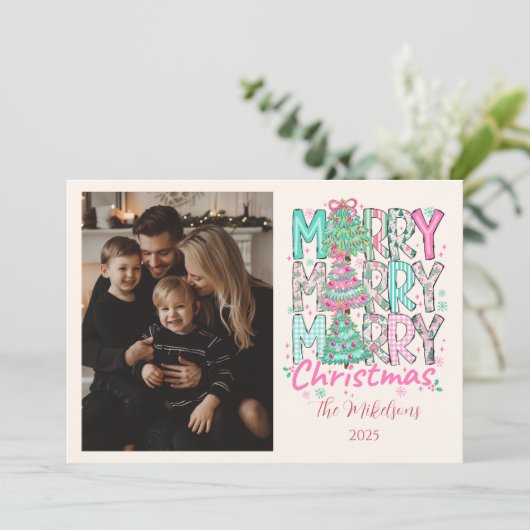 Photo Pink Merry Merry Christmas Tree Feestdagenkaart (Staand voorkant)