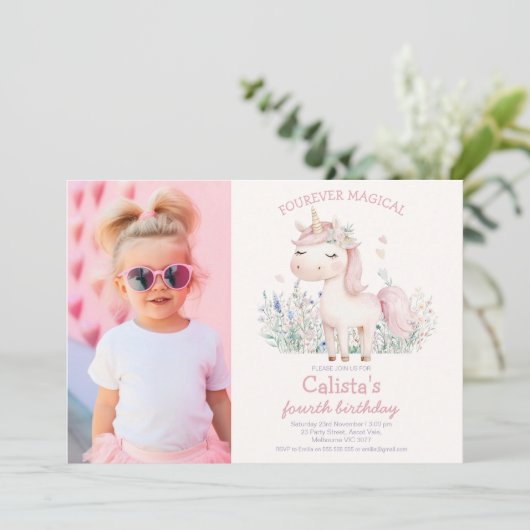 Photo Pink Pastel Unicorn Birthday Kaart (Staand voorkant)