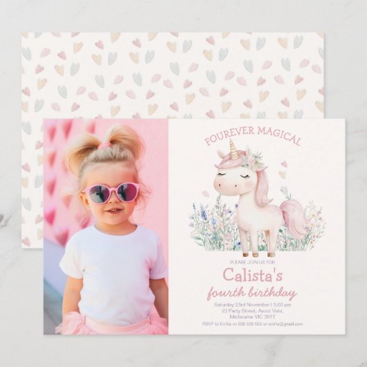 Photo Pink Pastel Unicorn Birthday Kaart (Voorkant / Achterkant)