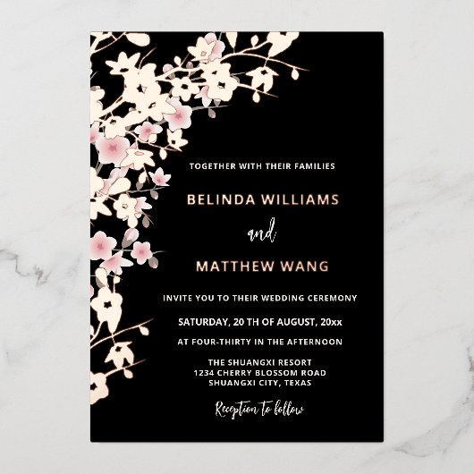 PHOTO Pink Rose Gold Cherry Blossom Wedding Folie Uitnodiging (Voorkant)