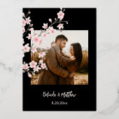 PHOTO Pink Rose Gold Cherry Blossom Wedding Folie Uitnodiging (Achterkant)