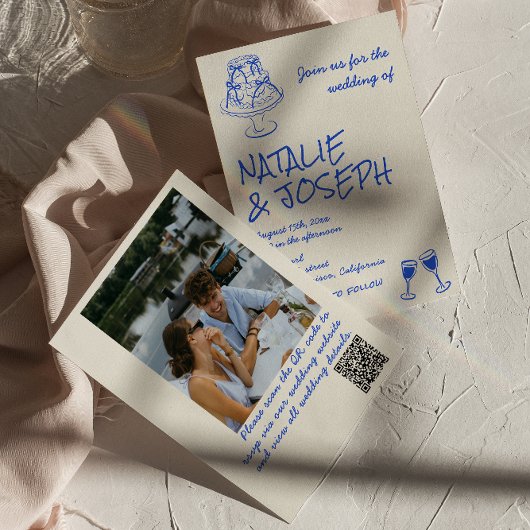 Photo QR Code Hand Drawn Blue Cake Bows Wedding Kaart