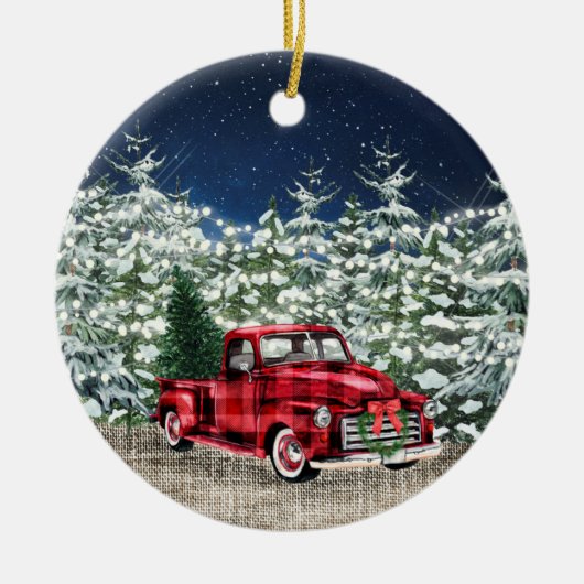 PHOTO Red Boerderij Truck Kerstmis Waterverf Keramisch Ornament (Voorkant)