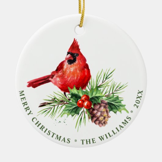 PHOTO Red Cardinaal Holly Berry Kerstfeestdag Keramisch Ornament (Voorkant)