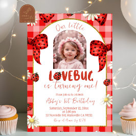 Photo Red Plaid Bow Coquette Lovebug Birthday Kaart