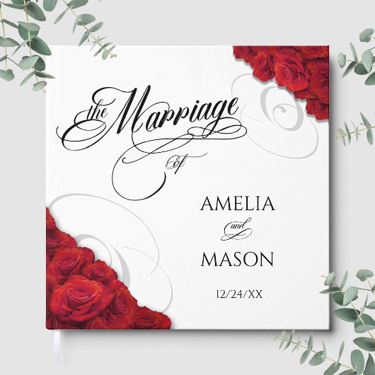 Photo Red Roses Calligraphy Script Square Wedding Gastenboek