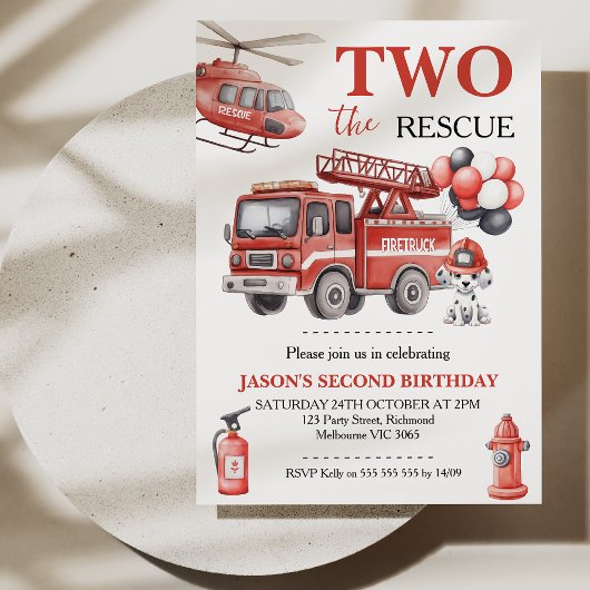 Photo Red Two The Rescue Fire Truck Birthday  Kaart