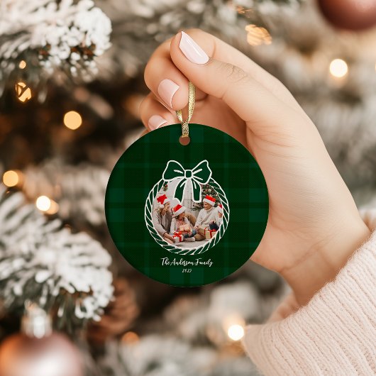 Photo Retro Green Plaid Whimsical Christmas Keramisch Ornament