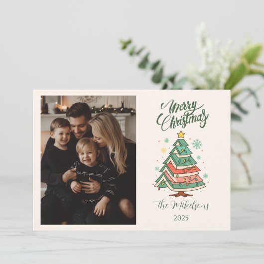 Photo Retro Pastel Christmas Tree Feestdagenkaart (Staand voorkant)