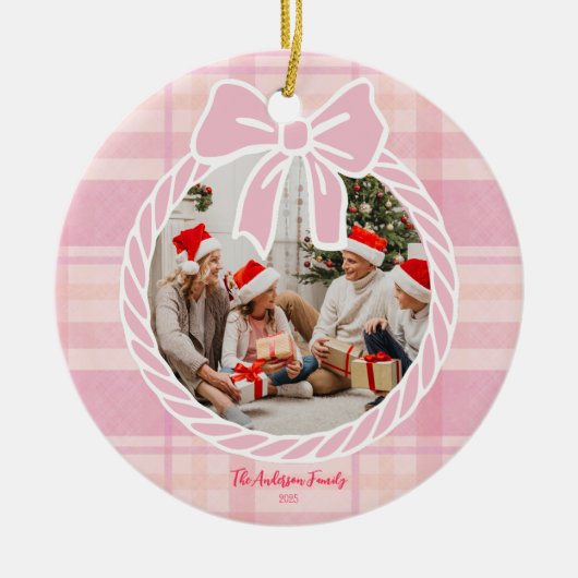 Photo Retro Pink Plaid Whimsical Holiday  Keramisch Ornament (Voorkant)