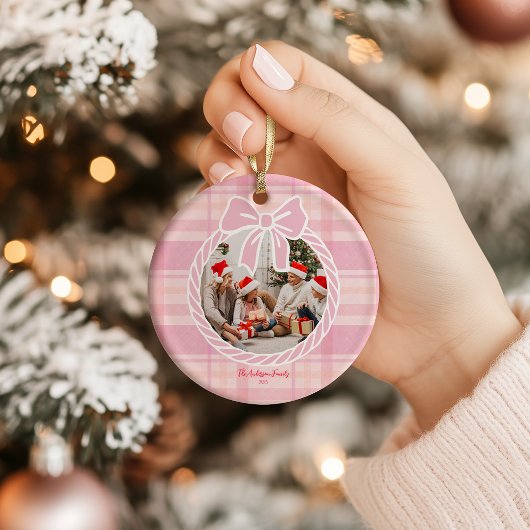 Photo Retro Pink Plaid Whimsical Holiday  Keramisch Ornament