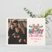 Photo Retro Santa Merry Christmas Coquette Bow Feestdagenkaart (Staand voorkant)