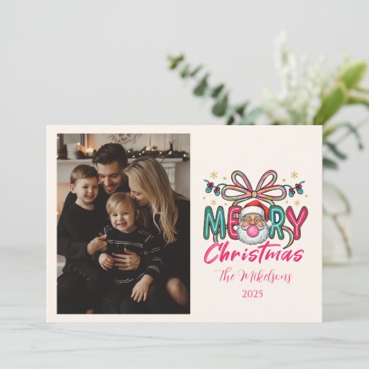 Photo Retro Santa Merry Christmas Coquette Bow Feestdagenkaart (Staand voorkant)