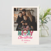 Photo Retro Santa Merry Christmas Coquette Bow Feestdagenkaart (Staand voorkant)