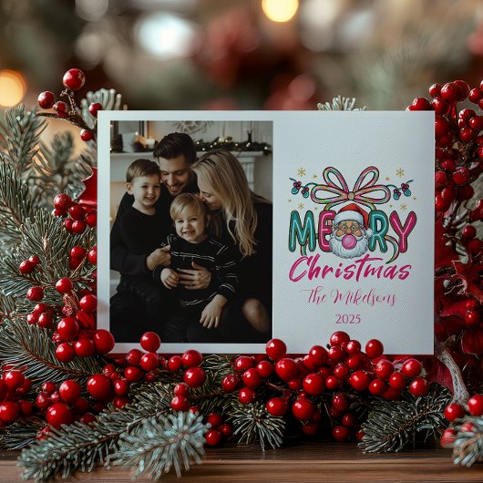 Photo Retro Santa Merry Christmas Coquette Bow Feestdagenkaart