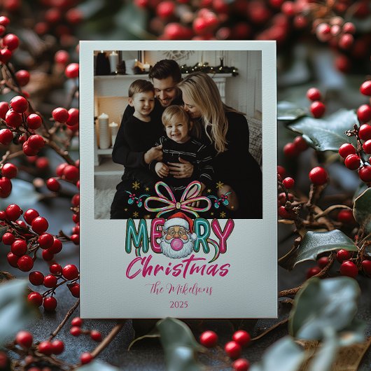 Photo Retro Santa Merry Christmas Coquette Bow Feestdagenkaart