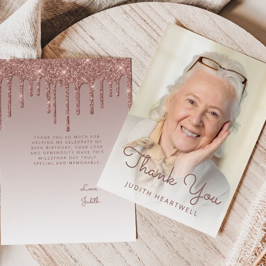 Photo Rose Gold Glitter Drip 80th Birthday Bedankkaart