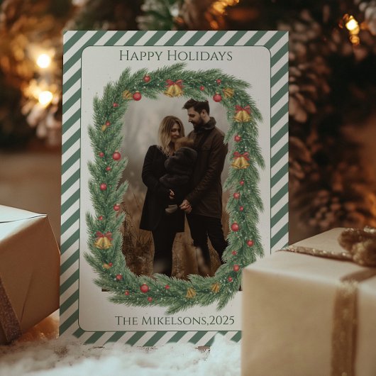 Photo Rustic Evergreen Bell Christmas Feestdagenkaart