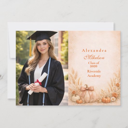 Photo Rustic Gingham Pumpkin Fall Graduation Aankondiging (Voorkant)