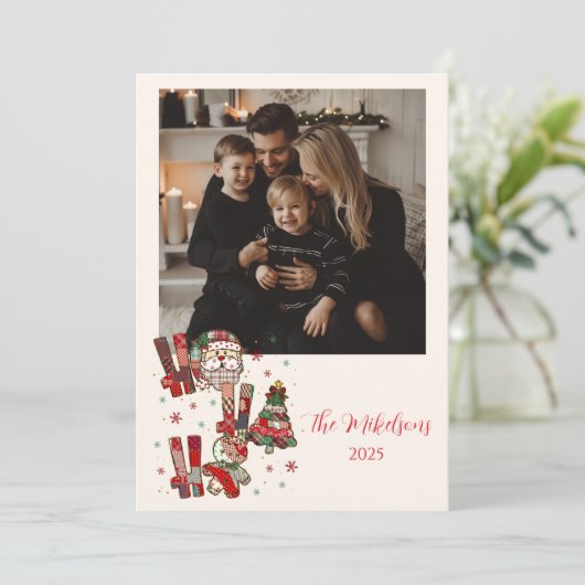 Photo Rustic Patchwork Ho Ho Ho Christmas Feestdagenkaart (Staand voorkant)