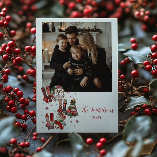 Photo Rustic Patchwork Ho Ho Ho Christmas Feestdagenkaart