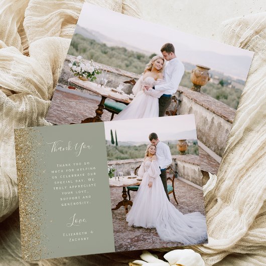 Photo Sage Green Gold Glitter Script Wedding Bedankkaart