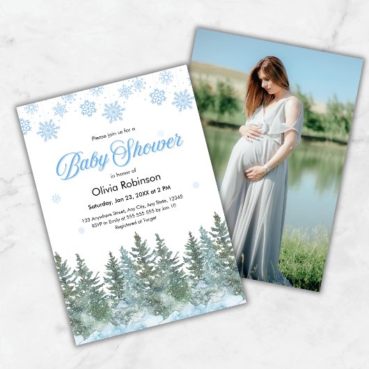 Photo Snowflakes Pine Trees Winter Baby Shower Kaart