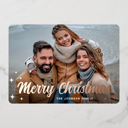 PHOTO Sparkle Merry-Roos met kerstcadeaus Folie Feestdagenkaart (Voorkant)