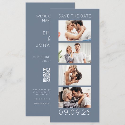 Photo Strip 4 Pictures QR Photobooth Wedding Blue Save The Date (Voorkant / Achterkant)