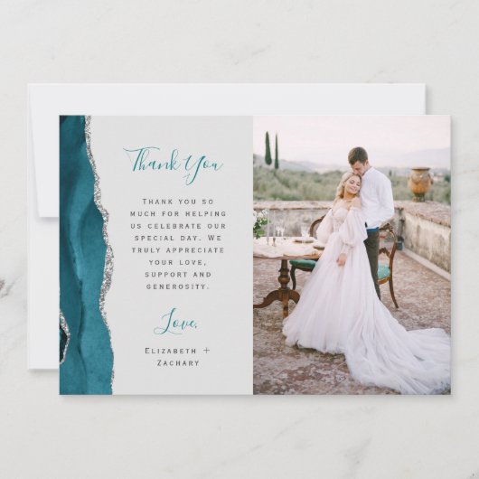Photo Teal Blue Agate Silver Script Gray Wedding Bedankkaart (Voorkant)