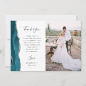 Photo Teal Blue Agate Silver Script Wedding Bedankkaart (Voorkant)