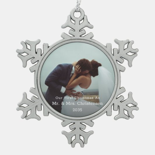 Photo Template Our First Christmas Married Merry Tin Sneeuwvlok Ornament (Voorkant)