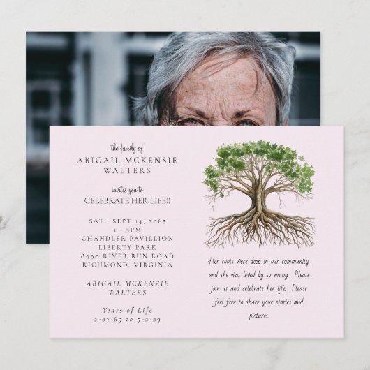 Photo Tree Deep Roots Pink Celebration of LIfe Kaart (Voorkant / Achterkant)