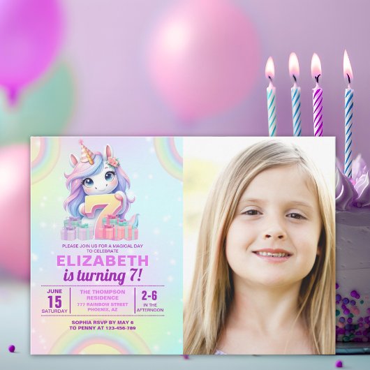 Photo Unicorn 7th Birthday – Rainbow Girl  Kaart