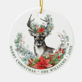 PHOTO Waterverf Kerstmis Deer Poinsettia Holiday Keramisch Ornament (Voorkant)