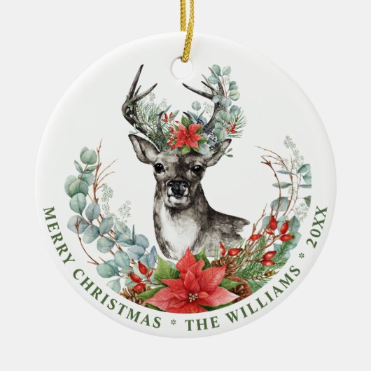 PHOTO Waterverf Kerstmis Deer Poinsettia Holiday Keramisch Ornament (Voorkant)