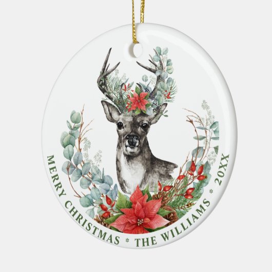 PHOTO Waterverf Kerstmis Deer Poinsettia Holiday Keramisch Ornament (Links)