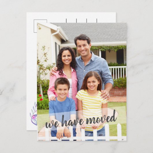 Photo We Have Moved Brush Script Overlay Aankondigingskaart (Voorkant / Achterkant)
