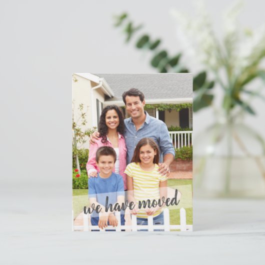 Photo We Have Moved Brush Script Overlay Aankondigingskaart (Staand voorkant)